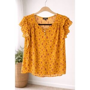 Haute Hippie Style Mustard Yellow Ikat Ruffle Sleeve Boho Top Size S Festival